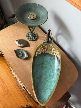 Vintage Mid-Century Modern Israeli Brass & Verdigris Hostess Lot - 4 Pieces